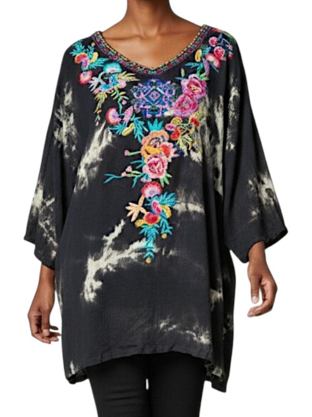 Calessa Black Embroidered Whimsigoth Flowy V Neck Tunic Blouse Women's Size XL